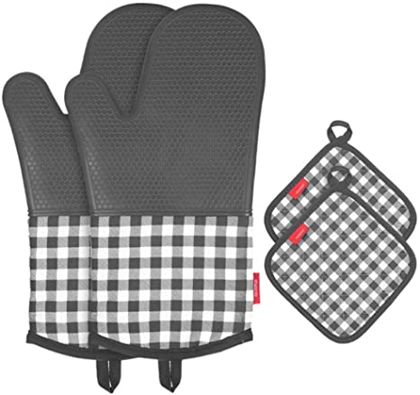 esonmus Heat Resistant Silicone Oven Gloves Non-Slip Oven Mitts   2 Cotton Pot Holders for Kitchen Cooking Baking Grilling Barbecue-Black Plaid …