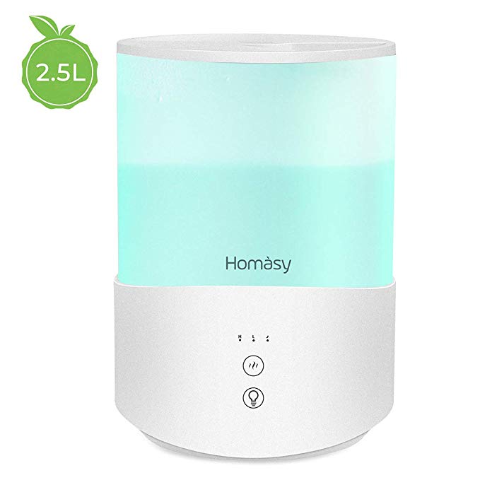 Homasy Cool Mist Humidifier 2.5L, Essential Oil Diffuser with 7-Colour Mood Lights, Top Fill Humidifier for Bedroom, Ultrasonic Humidifier with Adjustable Mist Output, Sleep Mode, Auto Shut Off-White