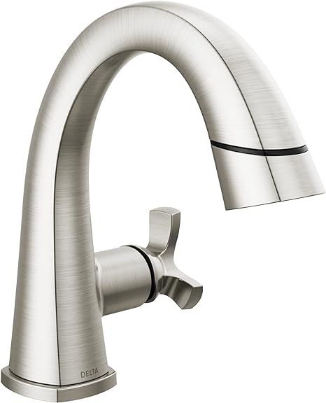 Delta Faucet Stryke Pull Down Bathroom Faucet, Bathroom Pull Out Faucet, Brushed Nickel Single Hole Bathroom Faucet with Pull Down Sprayer, Bathroom Sink Faucet, Lumicoat Stainless 5776-SSPD-PR-DST