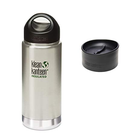 16 OZ. Klean Kanteen Wide Mouth Vacuum Insulated Water Bottle with Loop Cap AND CAFE CAP - Brushed Stainless Steel