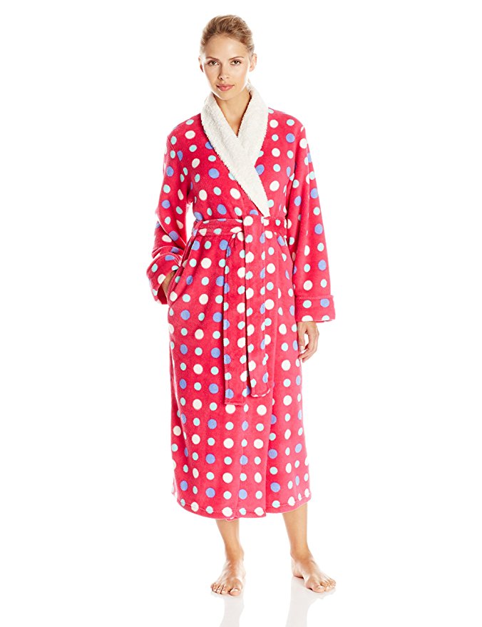 iRelax Women's Multi Dot Plush Long Robe with Shaggy Plush Trim