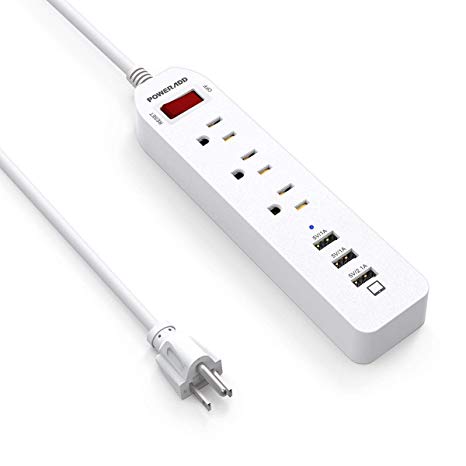 POWERADD Power Strip Surge Protector 3 Outlets, 3 Smart USB Ports, 5ft Heavy Duty Extension Cord