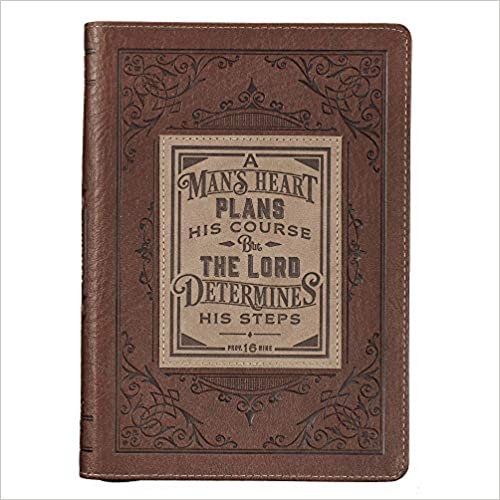 Christian Art Gifts Brown Faux Leather Journal | A Man's Heart Proverbs 16:9 Bible Verse | Flexcover Inspirational Zippered Notebook w/Ribbon and Lined Pages, 6.5 x 8.75 Inches