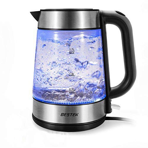 BESTEK Electric Glass Kettles, 3000W Fast Boil Kettle, Blue LED Illumination, 1.7 Electric Cordless Kettle, BPA Free