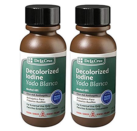 De La Cruz Decolorized Iodine First Aid Antiseptic, Made in USA 1 FL OZ. (2 Bottles)