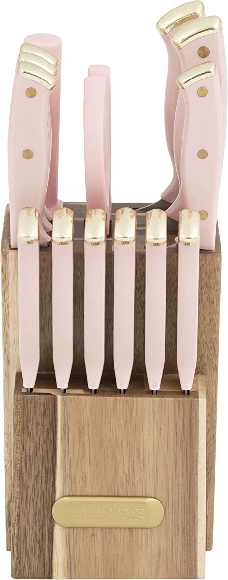 Farberware Triple Riveted Acacia Knife Block Set, 15-Piece, Blush and Gold