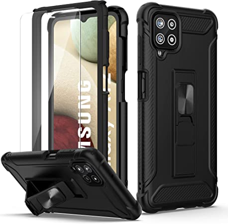 ORETech for Samsung Galaxy A12/M12 Case, [2 x Tempered Glass Screen Protector] Full Body Anti Silp Heavy Duty Shockproof Hard PC Soft TPU Bumper Protection Cover Kickstand Case for Samsung A12 - Black