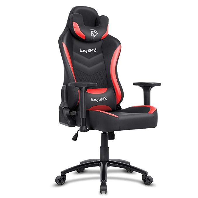 EasySMX Gaming Chair Racing Office Computer Game Chair, Ergonomic Backrest and Seat Height Adjustment Recliner Swivel Rocker with Headrest and Waist Tilting Electronic Sports Chair (Red-Black)
