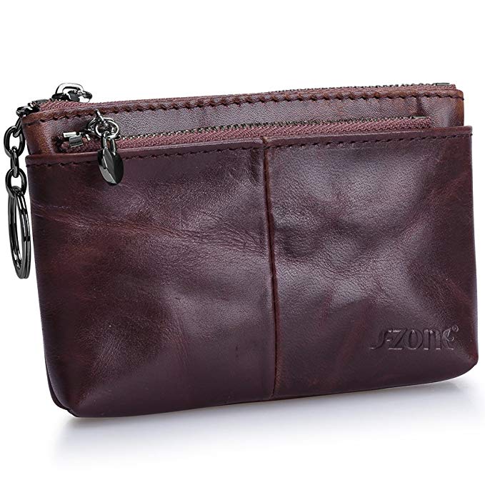 S-ZONE Women's Genuine Leather Mini Wallet Change Coin Purse Card Holder with Key Ring