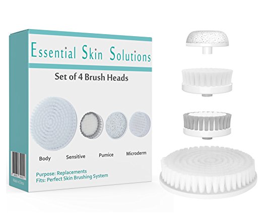 Perfect Skin Brushing System Replacement Heads - Set of 4 - Heads designed to Reduce Pore Size - Prevent Acne - Exfoliate - Clear Body Acne - and Smooth Feet - By Essential Skin Solutions