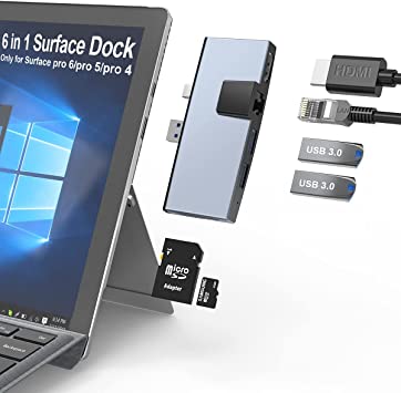 Surface Dock for Pro 6 5 4, Takya Surface Pro Docking Station, 2 USB 3.0 Ports, SD & TF/Micro SD Memory Card Reader, Mini DP to 4K HDMI, 1USB to Ethernet Adapter, Surface Pro Dock for 6 5 4
