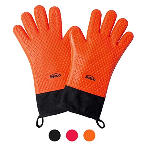 JIESUO Extra Long Oven Mitts Heat Resistant Silicone BBQ Gloves, in FDA Grade Kitchen Gloves, Waterproof Non-Slip Cooking Gloves for Baking and Grilling - Orange