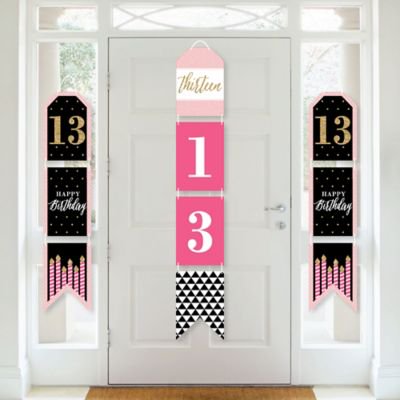 Chic 13th Birthday - Pink, Black and Gold - Hanging Vertical Paper Door Banners - Birthday Party Wall Decoration Kit - Indoor Door Decor