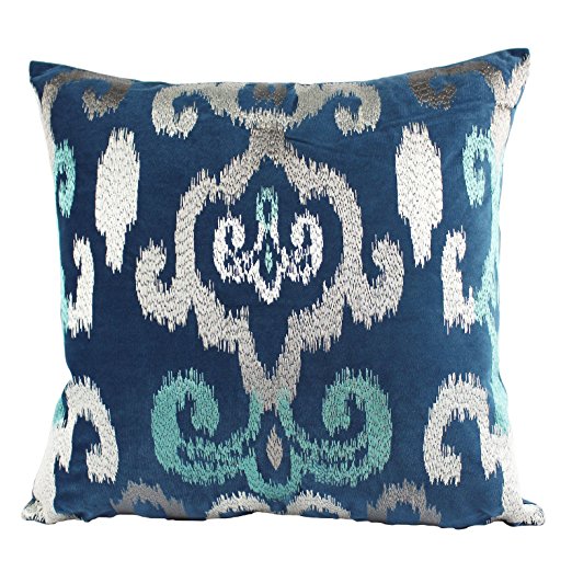 Homey Cozy Velvet Embroidery Throw Pillow Cover,Navy Blue with Teal Splash Soft Fuzzy Cozy Warm Slik Decorative Square Couch Cushion Pillow Case 20 x 20 Inch, Cover Only