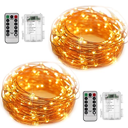 2 Set Fairy String Lights Battery Operated Waterproof YIHONG 8 Modes 50 LED String Lights 16.4FT Copper Wire Firefly Lights Remote Control (Warm White)