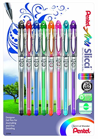 Pentel Arts Slicci 0.25 mm Extra Fine Gel Pen, Assorted Ink, 8 Pack (BG202BP8M)