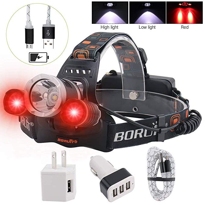 BORUIT LED Headlamp - Ultra Bright 5000 Lumens, 3 Lighting Modes,White & Red LEDs, IPX4 Water Resistant, USB Rechargeable Head Lamp Perfect for Running, Camping, Hiking & More