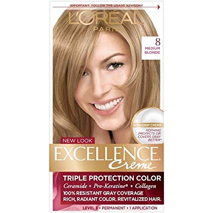 L'Oréal Paris Excellence Créme Permanent Hair Color, 8 Medium Blonde (1 Kit) 100% Gray Coverage Hair Dye