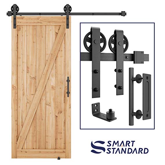 6ft Heavy Duty Sliding Barn Door Hardware Kit, 6ft Single Rail, Black, (Whole Set Includes 1x Pull Handle Set & 1x Floor Guide) Fit 36" Wide DoorPanel(Big Industrial Wheel Hanger)