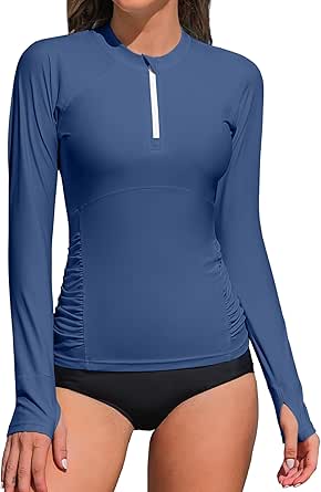 ATTRACO Women Rash Guard Long Sleeve Swimsuits UV UPF 50  Zipper Swim Shirt Quick Dry Sun Shirts