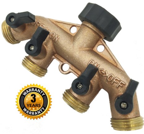 A1004 3YR WARRANTY Heavy Duty Brass 4 Way Garden Hose Shut Off Connector