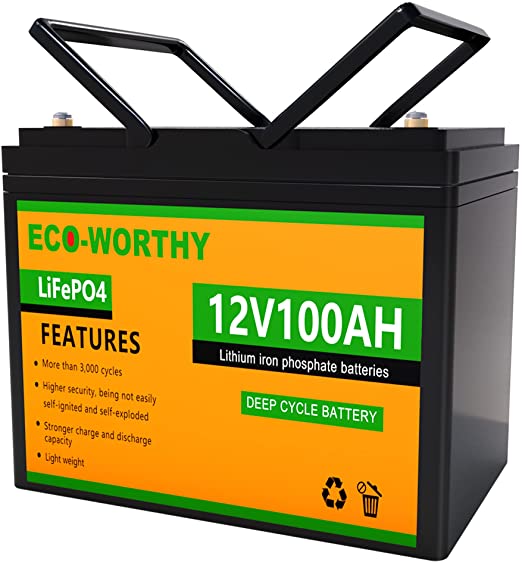 ECO-WORTHY 12V 100AH LiFePO4 3000  Cycle Lithium Iron Phosphate fast charging Battery with BMS, Rechargeable battery for RV, Camping, Marine, Backup power, Solar Home Off-Grid System