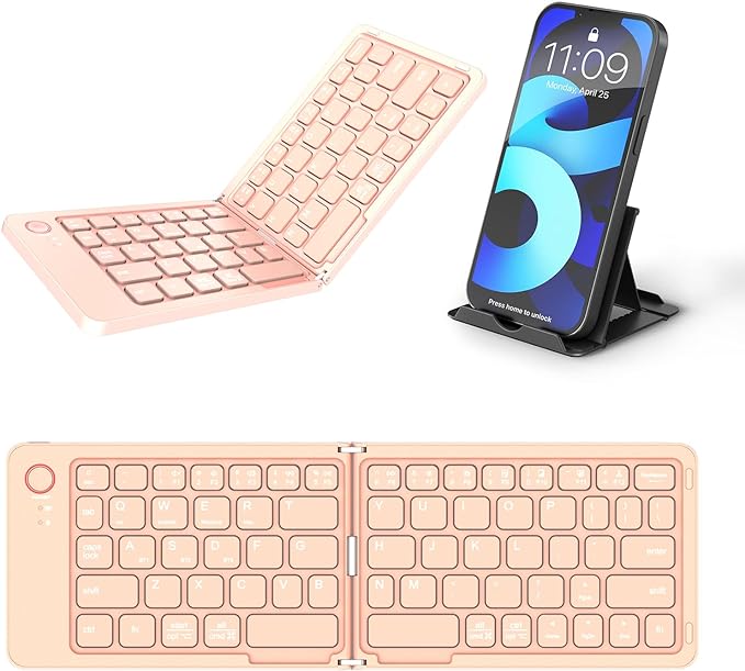 Wireless Keyboard, Foldable Wireless Bluetooth Keyboard with Holder Travel Portable Rechargeable Keyboard for Mac Android Windows iOS,Support 3 Devices (BT5.1 x 3) Pink