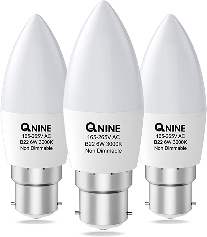 QNINE 3-Pack LED Candle Bulb Bayonet, B22 Candle Bulb, 6W (Equivalent to 60W), 550lm, 3000K Warm White, Bayonet Light Bulb, Energy Saving Light Bulbs Bayonet, Non-Dimmable