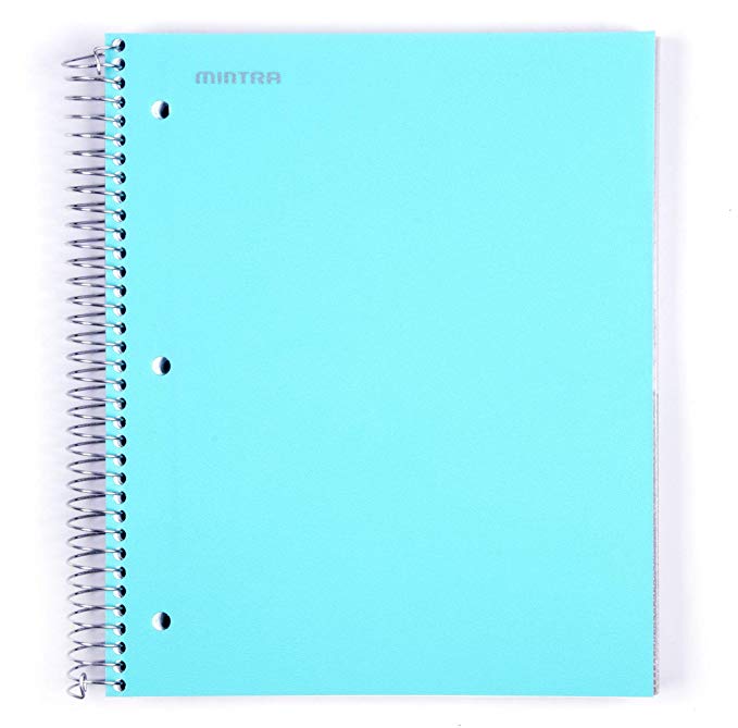 Mintra Office Durable Spiral Notebooks, 5 Subject, 200 Sheets,Poly Pockets, Moisture Resistant Cover, School, Office, Business, Professional (Teal, College Ruled 1pk)