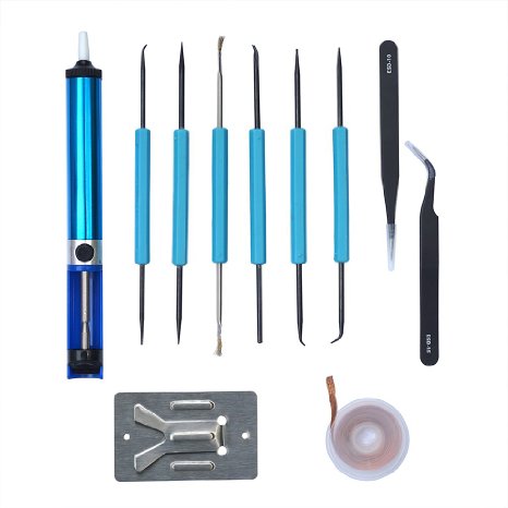 Desoldering Pump Sywon Iron Soldering Parts Welding Aid Kit DIY Tools including Solder Suker, Tweezers, Tin Wire Tube, Soldering Wick, Stand, 6pcs Double-sided Aids in Carry Bag