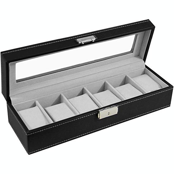 Watch Box Large 6 Mens Black Leather Display Glass Top Jewelry Case Organizer