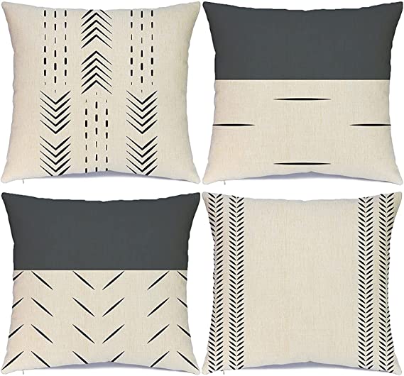Hlonon Decorative Boho Throw Pillow Covers Set of 4 Modern Design Geometric Stripes Farmhouse Cotton Linen Neutral Pillow Cover for Sofa Couch (Anthracite Blue, 20x20 Inch)