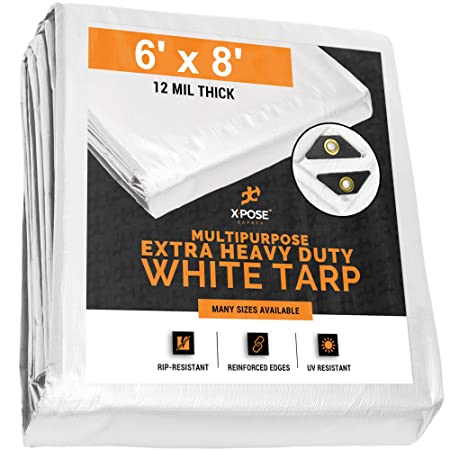 Heavy Duty White Poly Tarp 6' x 8' - Multipurpose Protective Cover - Durable, Waterproof, Weather Proof, Rip and Tear Resistant - Extra Thick 12 Mil Polyethylene - by Xpose Safety