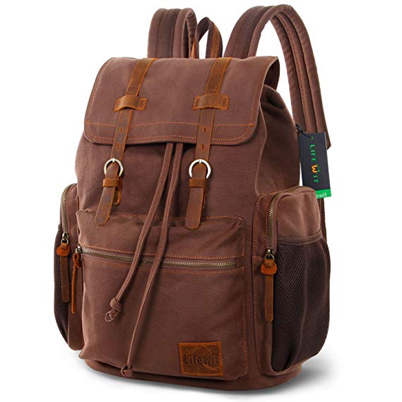 Lifewit 17 Inch Laptop Canvas Backpack Vintage Leather Casual School College Bags Bookbag Hiking Travel Rucksack Business Daypack for Women Men (Coffee)