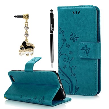 iPhone 6S Case,iPhone 6 Case (4.7 Inch) - BADALink Fashion Wallet Premium PU Leather with Embossed Flowers Butterfly Flip Cover with Hand Strap & 3D Cute Elephant Dust Plug & Stylus Pen - Blue