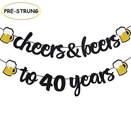 Joymee Cheers & Beers to 40 Years Black Glitter Banner for 40th Birthday Wedding Anniversary Party Supplies Decorations - PRESTRUNG