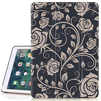 iPad 6th/5th Generation Case, Hocase PU Leather Smart Case w/Cute Flower Design, Auto Sleep Wake, Microfiber Lining Hard Back Cover for iPad A1893/A1954/A1822/A1823 - Light Golden Rose Flowers