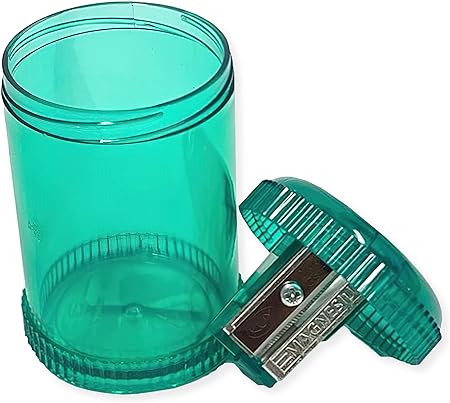 Kum 1030631GRN Model 430 M1 Steel Blade Barrel Pencil Sharpener, Green; Polystyrene Container with Screw-on Top; Inner Sharpener Made of Milled Magnesium Alloy; High-Carbon Steel Blades