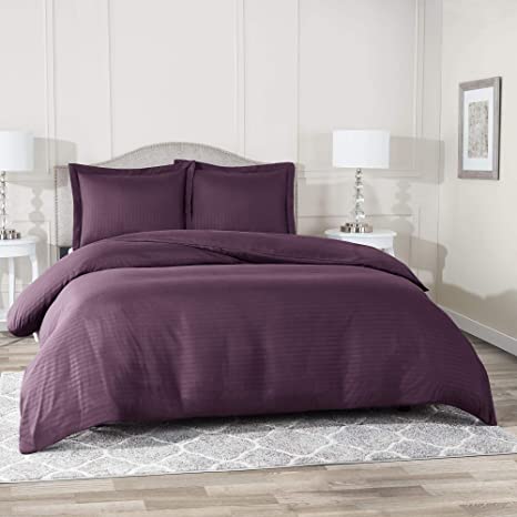 Nestl Bedding Duvet Cover 2 Piece Set – Ultra Soft Double Brushed Microfiber Bedding – Damask Dobby Stripe Comforter Cover and 1 Pillow Sham - Twin/Twin XL 68” x 90” - Purple Eggplant