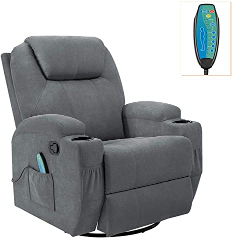 Flamaker Rocking Chair Recliner Chair with Massage and Heating 360 Degree Swivel Ergonomic Lounge Chair Classic Single Sofa with 2 Cup Holders Side Pockets Living Room Chair Home Theater Seat (Gray)