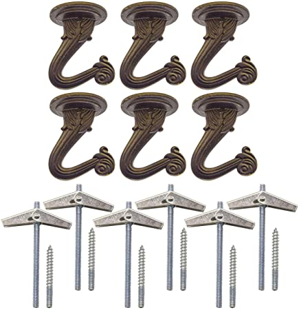 Deloky 6 Sets Brass Ceiling Hook -Metal Heavy Duty Swag Ceiling Hooks with Hardware and Toggle Wings for Hanging Plants, Chandeliers Ceiling Installation Cavity Wall Fixing (Brass)