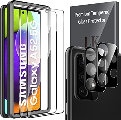 4 Pack LK 2pcs Screen Protector for Samsung Galaxy A52 4G/5G   2pcs Camera Lens Protector, Anti-Scratch, Easy-Installation Tool, Tempered Glass 9H Hardness for Samsung Galaxy A52 4G/5G