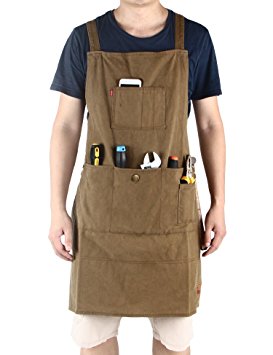 Vantoo- Heavy Duty Waxed Canvas Work Apron with Pockets- Adjustable up to XXL for Men & Women (Brown)