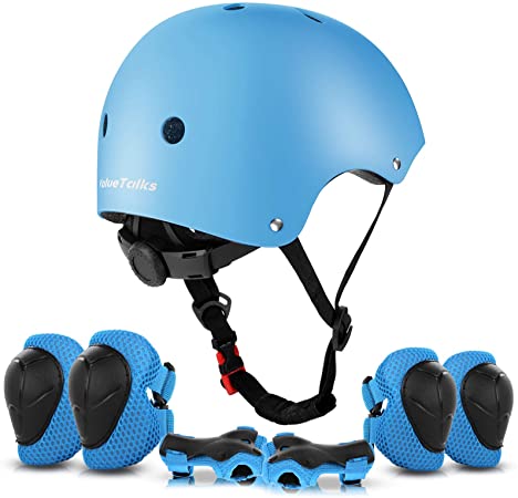 ValueTalks Kids Bike Helmet and Pads Set Adjustable Kids Skateboard Helmet Knee Pads Elbow Pads Wrist Pads for Skateboard Roller Cycling Skating