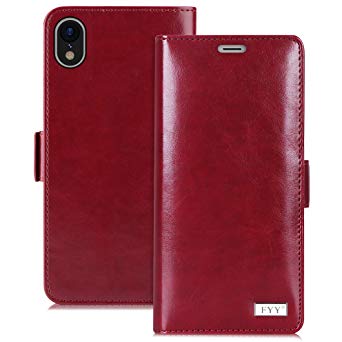 FYY [Premium Leather] Wallet Case for Apple iPhone Xr 6.1 inch 2018, Handmade Flip Folio Wallet Case with Kickstand Card Slots Magnetic Closure for Apple iPhone Xr 6.1 inch 2018 Wine Red