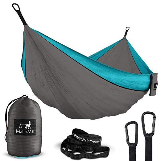 MalloMe Double & Single Portable Camping Hammock - Parachute Lightweight Nylon with Hammok Tree Straps Set- 2 Person Equipment Kids Accessories Max 1000 lbs Breaking Capacity - Free 2 Carabiners