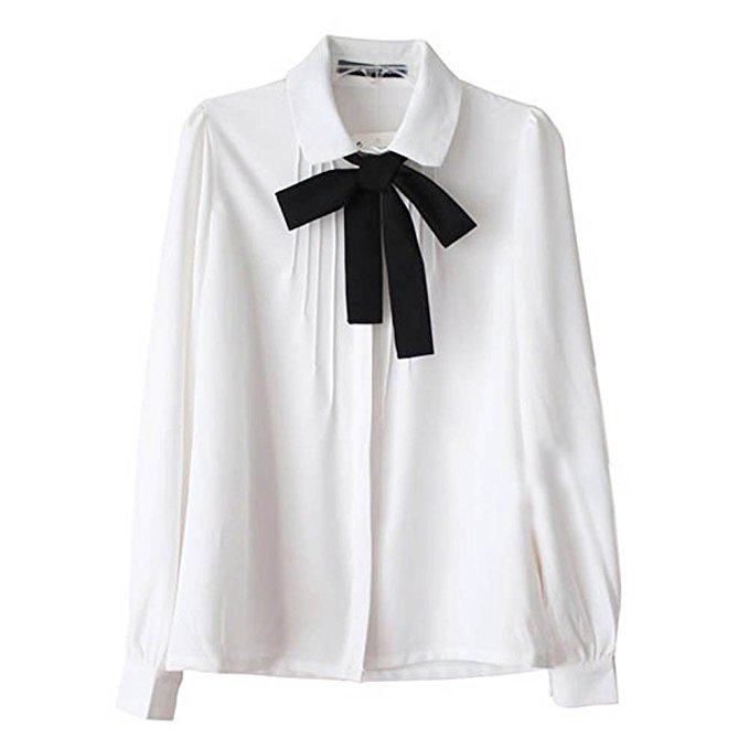 Etosell Lady Bowknot Baby Peter Pan Collar Shirt Womens Long Sleeve OL Button-Down Shirts White Blouses