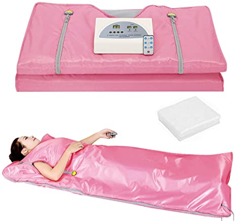 Lofan Portable Infrared Sauna Blanket, Digital Far-Infrared Heat Sauna Blanket 2 Zone, Personal Sauna for Relaxation at Home with 50 Packs Plastic Sheeting for Body Wrap,2020 Upgraded Version, Pink