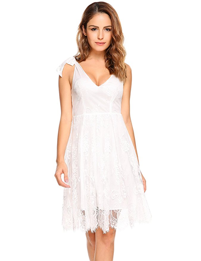 Beyove Women Floral Lace Adjustable Ribbon Strap Cocktail Party Bridal Dress