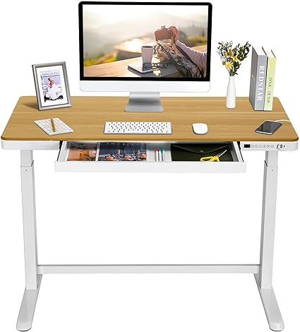 SANODESK Standing Desk with Drawer, Electric Height Adjustable Home Office Desk with Storage & USB Ports, 48 inch Maple Wood Tabletop/White Frame